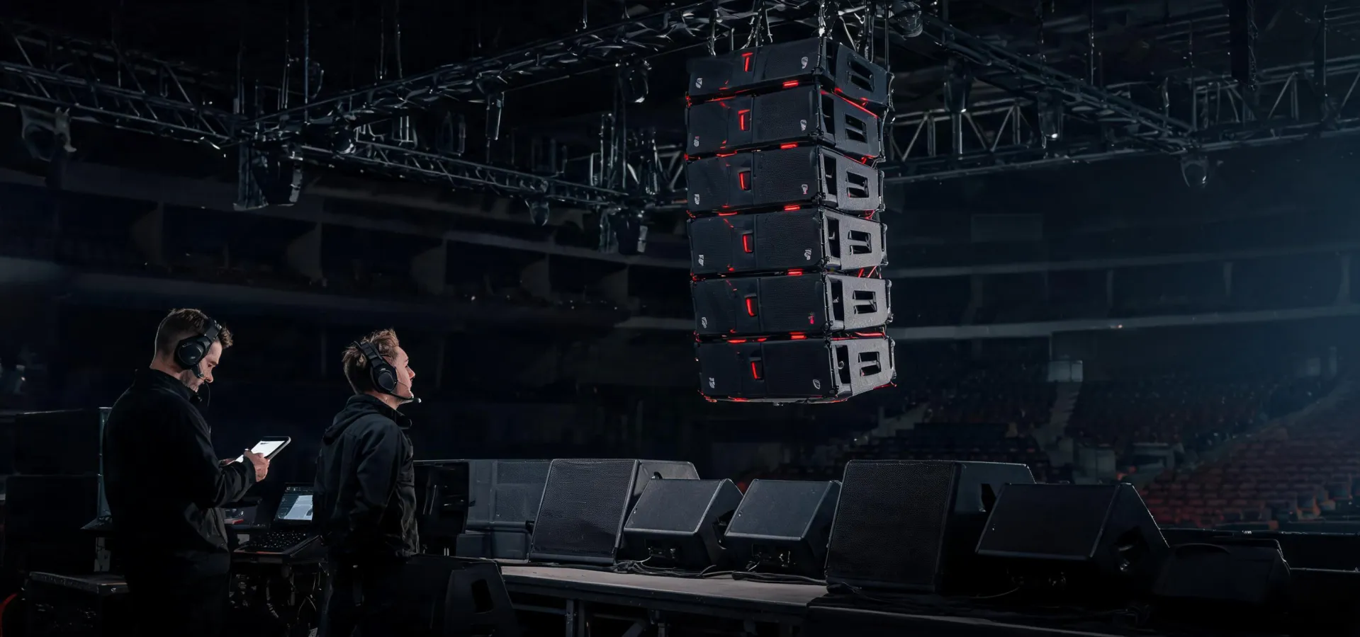 Electro-Voice line array system above a live venue